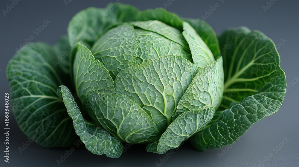 Fototapeta premium Fresh whole green cabbage with detailed texture on dark grey background, highlighting natural organic vegetable in soft side lighting for healthy food concept.