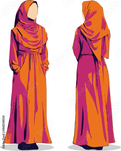 Create a kinds of deferent Muslim girl dress vector art with white background.