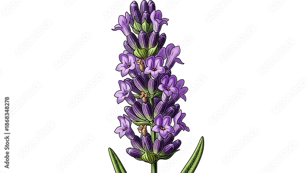 Obraz premium Elegant hand-drawn lavender flower illustration, vibrant purple bloom isolated on a clean white background.
