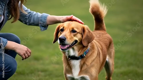 Happy Dog Getting Pet by Owner in a Grassy Park.