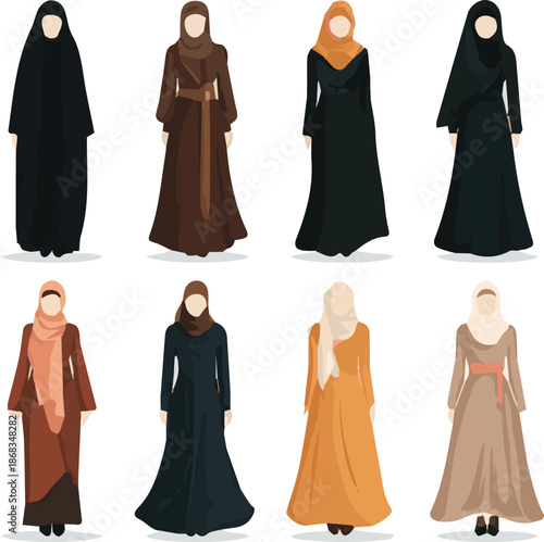 Create a kinds of deferent Muslim girl dress vector art with white background.