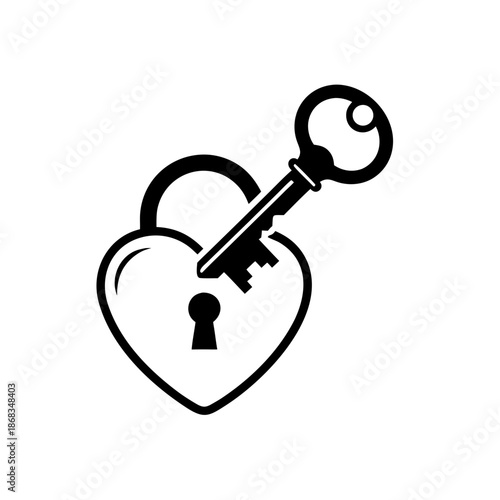 Heart shaped lock being unlocked by a key illustration on white background