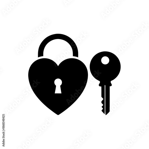 A black heart-shaped lock with a keyhole and a key beside it, symbolizing love and security