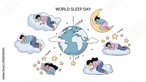 World Sleep Day illustration showing people sleeping peacefully around the globe.
