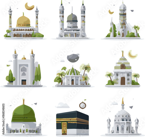 Create a kinds of deferent Muslim Hajj elements vector art with white background.