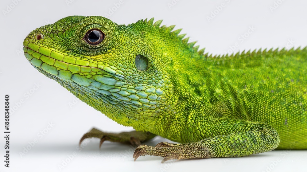 Fototapeta premium Isolated green reptile on a neutral white background with sharp focus on scales and eyes