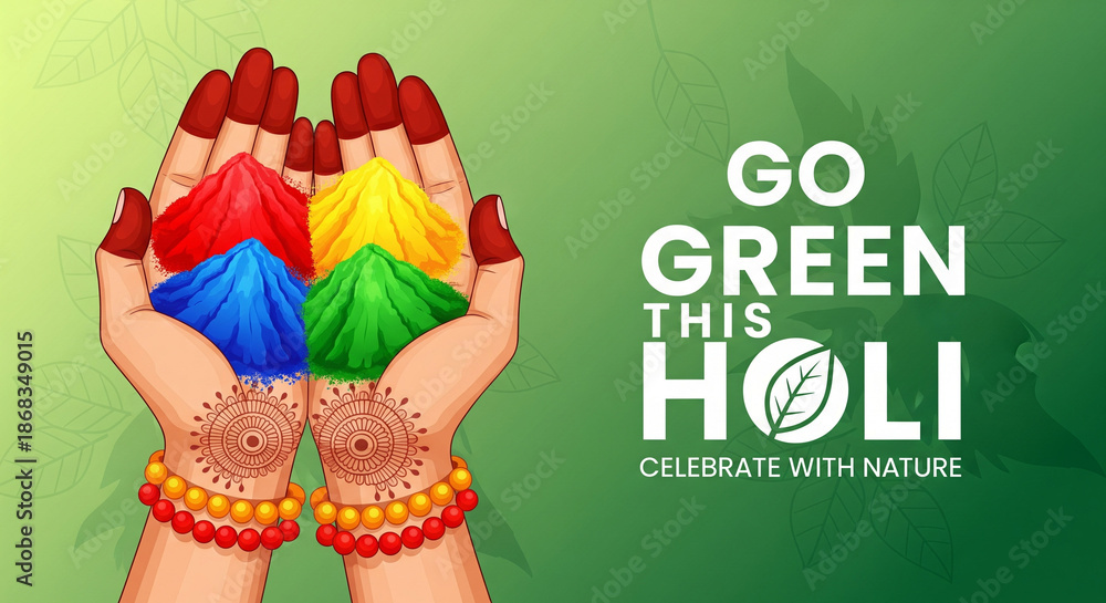 Fototapeta premium Hands holding organic Holi colors with a green-themed background promoting an eco-friendly celebration of the festival. festival of colors. Colorful Holi background. holi poster design, holi