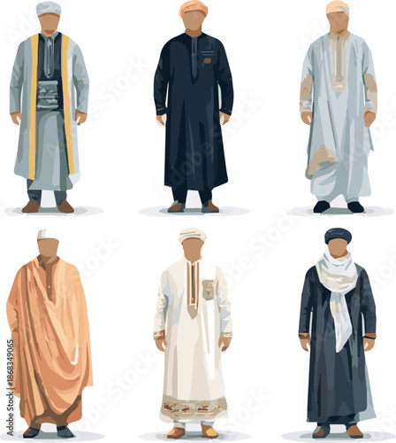Create a kinds of deferent Muslim man dress vector art with white background.