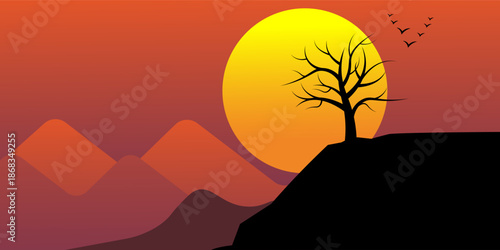 A minimalist vector illustration of a leafless tree on a hillside with mountains and birds flying in a colorful twilight sky. Simple background.