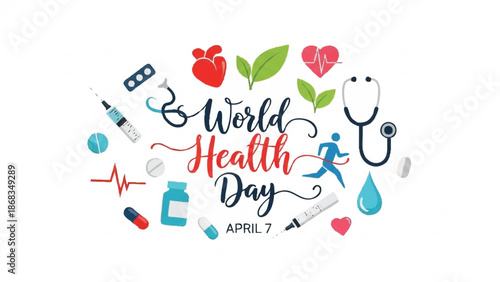 World Health Day April 7th Celebration with Medical Icons.