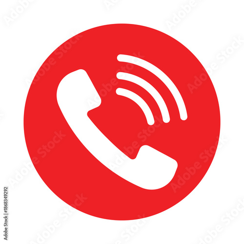 Bold red circular icon featuring a white phone handset with signal waves, symbolizing calling, communication, hotline support, and emergency contact services. Clean.