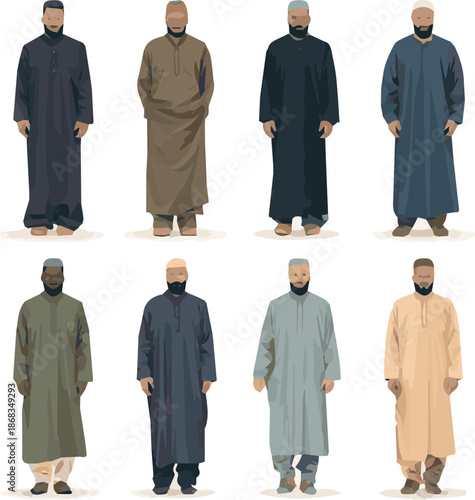 Create a kinds of deferent Muslim man dress vector art with white background.