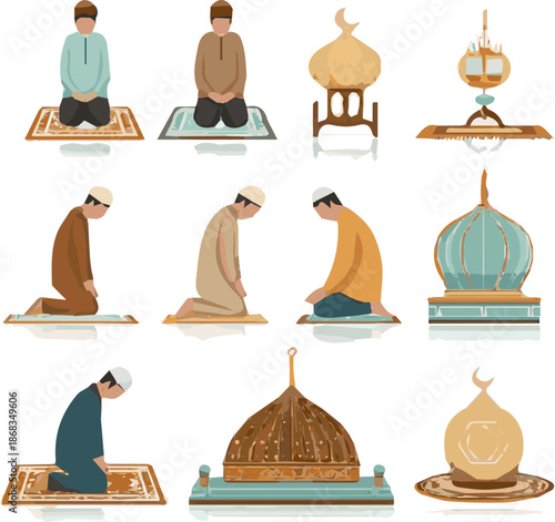Create a kinds of deferent Muslim prayer vector art with white background.
