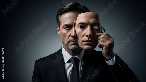  Businessman placing artificial face over real face symbolizing deepfake identity manipulation multiple personality and digital deception concept