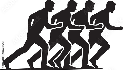 Silhouette of four men running in a line formation