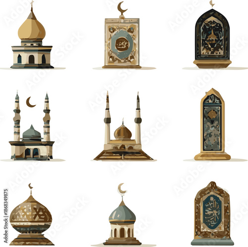 Create a kinds of deferent Muslim prayer vector art with white background.