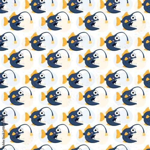 Deep sea anglerfish seamless pattern with bright yellow lanterns. Lantern fish pattern