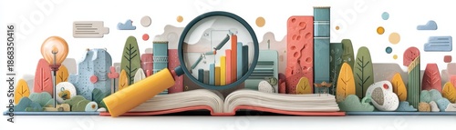 A colorful illustration of an open book with a magnifying glass, showcasing graphs against a backdrop of buildings and nature, symbolizing research and discovery