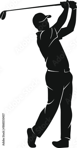 Male golf player silhouette swinging club, professional golfer action pose on white background, sports competition athlete icon, active leisure hobby vector illustration. (23 words)