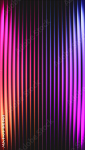 Futuristic colorful fractal glass with vertical ribs and refracted gradient light. Glowing gradient passing through ribbed glass. Smooth fractal distortion transforms neon colors into vertical waves