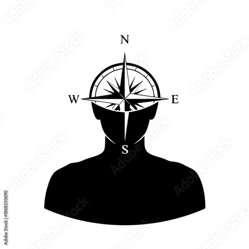 Silhouette of a person with a compass integrated into their head, symbolizing navigation and direction in a minimalist illustration