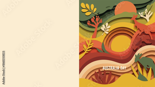 Paper Cut Style Illustration Celebrating Australia Day with Vibrant Landscape and Animal Silhouettes for Festival Posters, Event Promotions, Educational Purposes, and Social Media Content