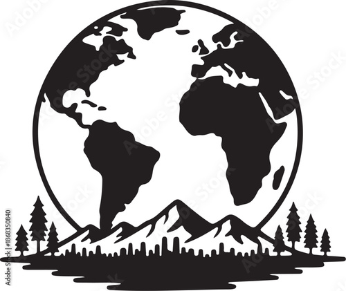 Black and White Earth Globe Mountain Landscape Silhouette
