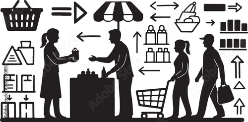 People Shopping with Various Icons and Symbols Around Them