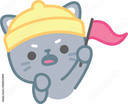 Whimsical Feline Pathfinder: A cartoon cat, donning a cap, waves a small flag, embodying playful curiosity and adventure.
