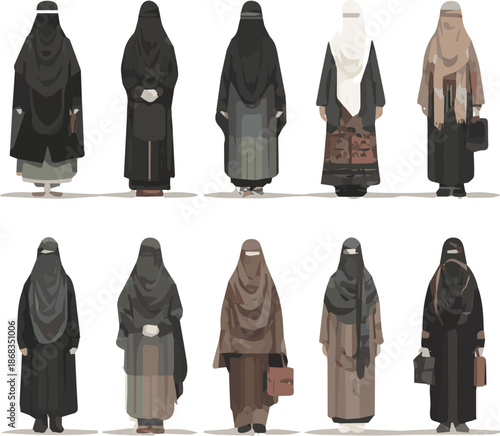 Create a kinds of deferent smart burqa vector art with white background.