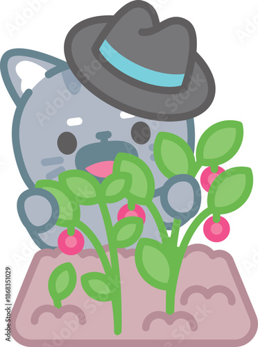 Cat Farmer in the Garden: A charming cartoon cat, sporting a hat, tends to a flourishing garden filled with berry plants, radiating joy and tranquility.
