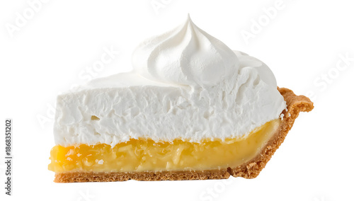 Lemon meringue pie slice with fluffy meringue and lemon curd layers for national pie day, closeup dessert background