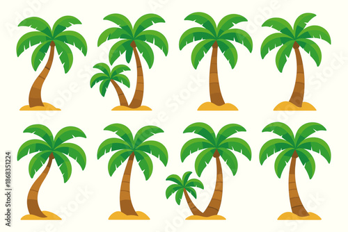 Palm tree icon collection in color. Set of tropical palm trees with different shapes and proportions
