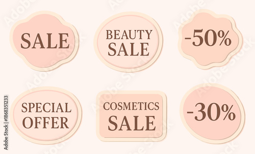 Beauty sale label collection in pastel colors. Set of cosmetic discount and special offer badges with soft shapes