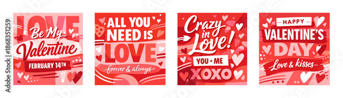 Valentines day square poster set with romantic quotes and decorative hearts