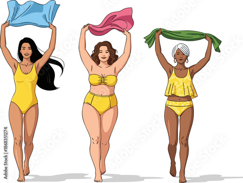 Create a kinds of deferent Woman in a yellow swimsuit walking and holding a towel up in the air, vector art with white background..