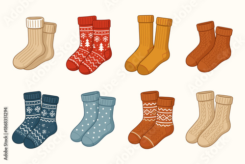 Cozy socks illustration collection in soft colors. Set of knitted winter socks with patterns and textures