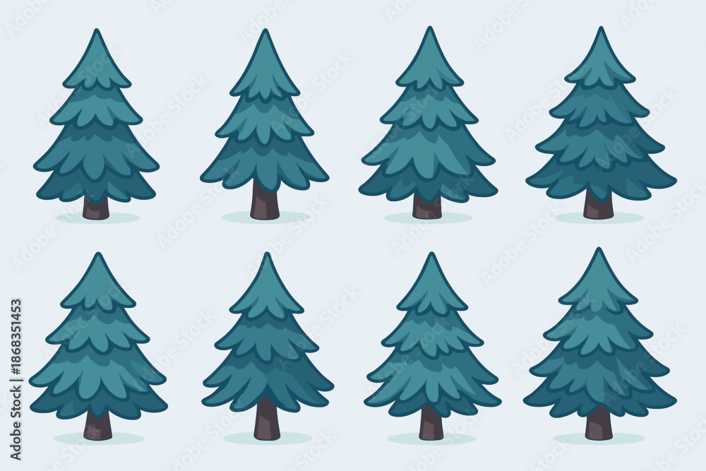 Obraz premium Fir tree icon collection in blue tones. Set of evergreen pine trees with stylized shapes