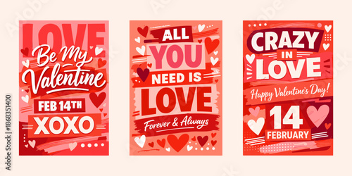 Valentines day posters set with romantic quotes and decorative hearts