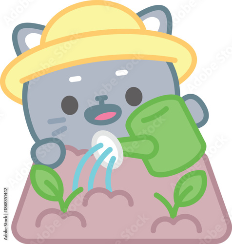 Garden Kitty: A charming cartoon cat, sporting a yellow sunhat, diligently waters seedlings in a garden, embodying the joy of nurturing nature.