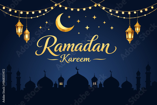 Ramadan kareem greeting illustration. Islamic Ramadan celebration with lanterns crescent moon and mosque at night