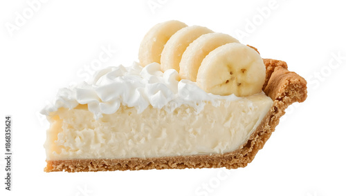 Banana cream pie slice with thick banana slices and fluffy cream closeup for national pie day dessert celebration