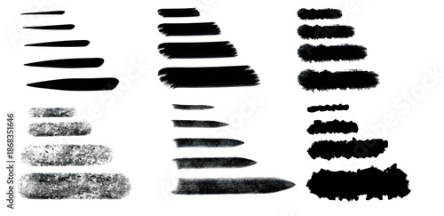 Set of straight thick brush lines. Rough grunge thick gouache paint texture. Hand drawn vector brushstroke text box. Calligraphy dry brush, ink. Japanese modern style art