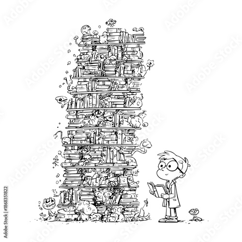 Boy overwhelmed by huge stack of books