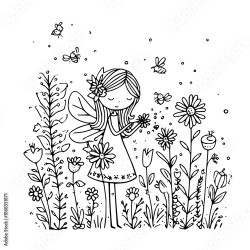 Fairy Girl Smelling Flower in Garden with Butterflies