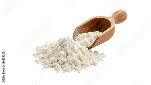 Allpurpose flour for national pie day, airy texture, small mound spilled beside wooden scoop isolated on the transparent background