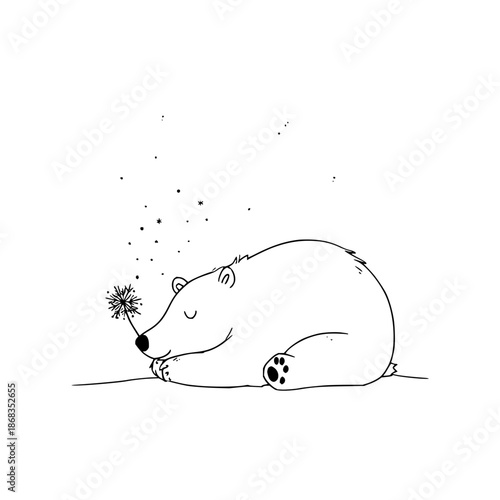 Sleeping Bear Sniffing Firework on White Background
