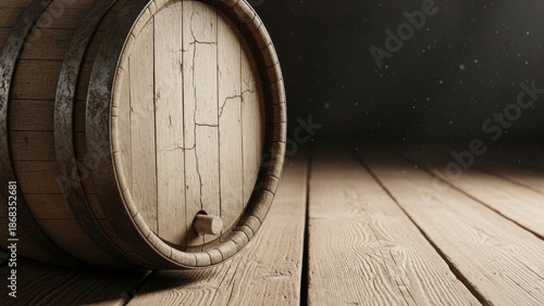 Rustic wooden barrel on a textured floor in a dark cellar. Vintage oak cask for wine or whiskey aging. Copy space