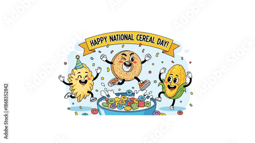 happy national cereal day banner with cute jumping cereal mascots