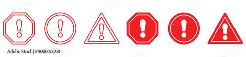 Warning and Alert Icons Set with Exclamation Mark in Red